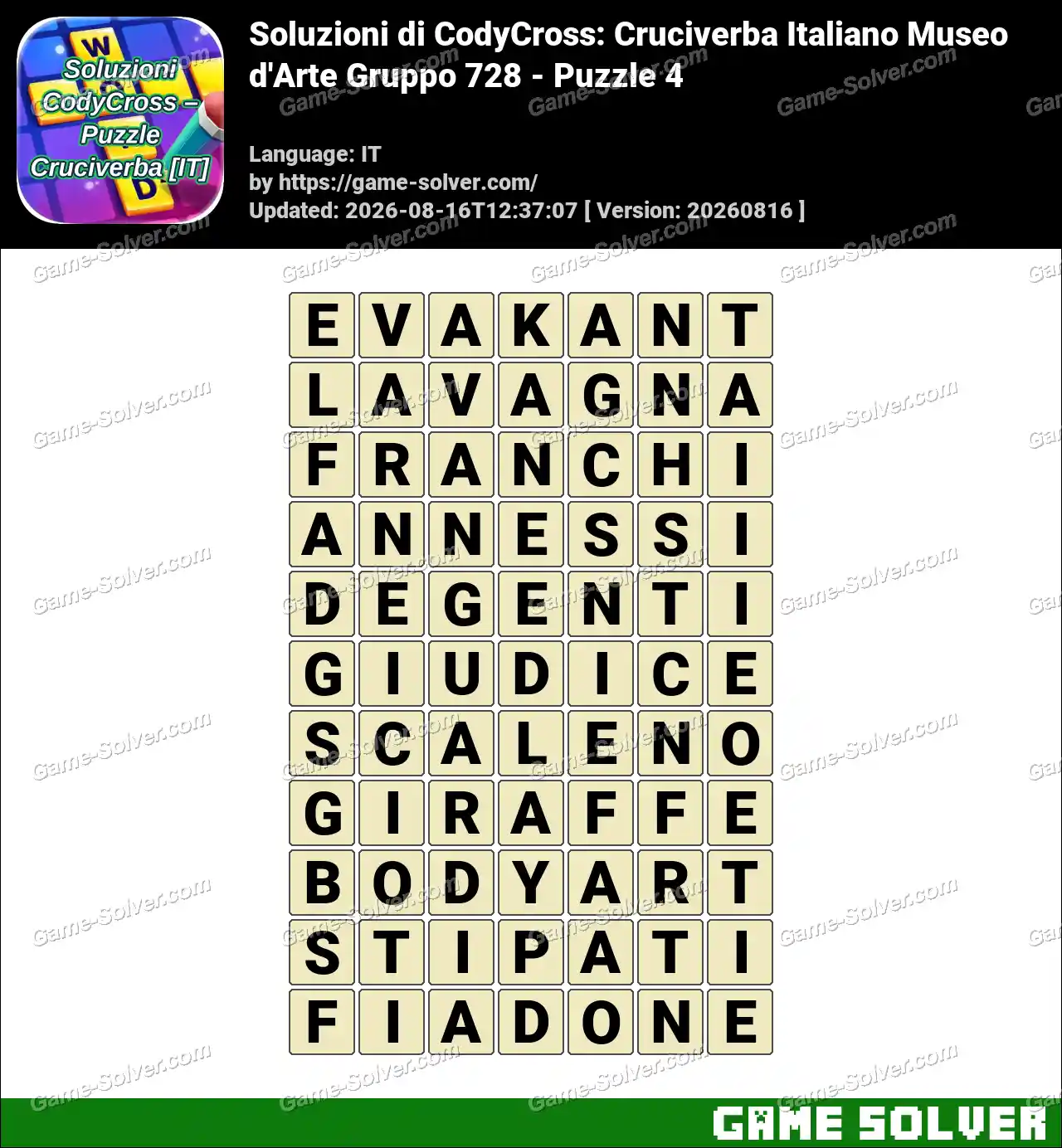 Soluzioni di CodyCross: Cruciverba Italiano Museo d’Arte Gruppo 728 – Puzzle 4